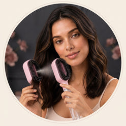 A professional circular portrait of influencer Sneha Kapoor holding a 2-in-1 spray comb against a minimalist studio backgroun