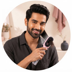 Arjun Rao, an Indian wellness influencer, holds a 2-in-1 spray comb in a professional, well-lit circular portrait.