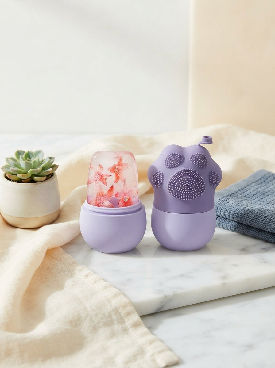 A silicone ice roller and cleansing brush set arranged on a white marble surface with slate blue and warm cream accents.